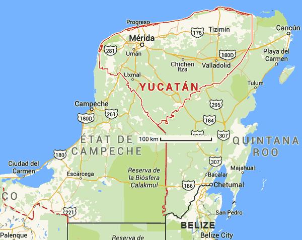 carte de la pninsule du Yucatan et de Quintana Roo